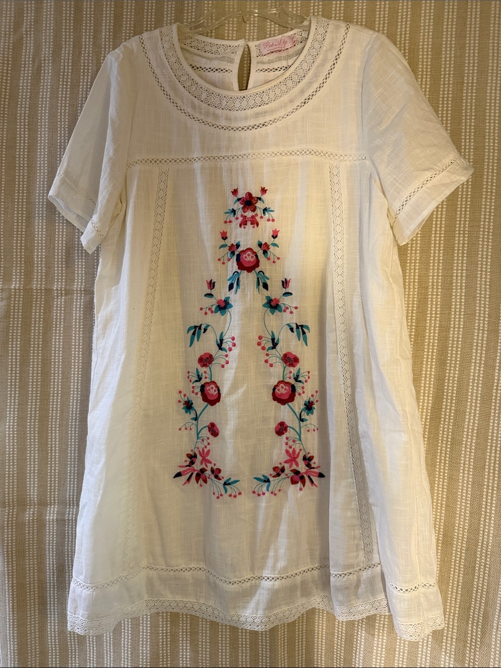 Pink Lily White Tunic with Pink & Teal Floral Embroidery